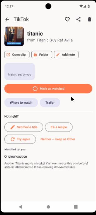 ClipKeeper movie clip detail screen showing a saved Titanic clip with its name, watch options and trailer button