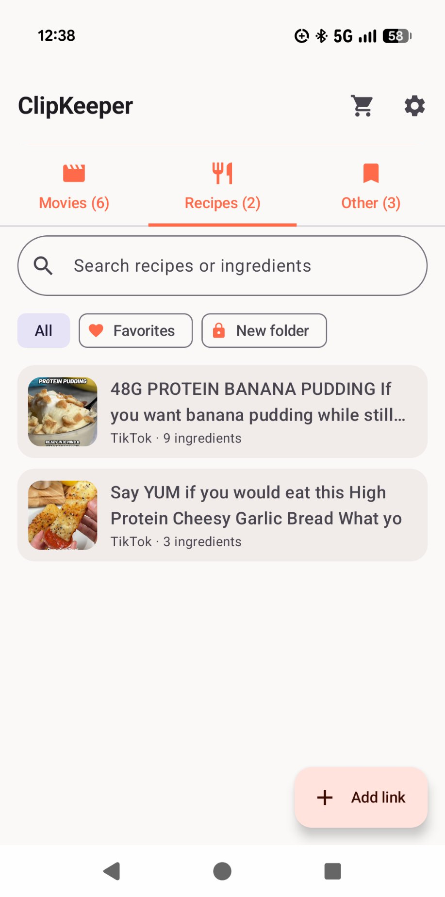 ClipKeeper Recipes library tab showing saved recipes with search, favorites and folders